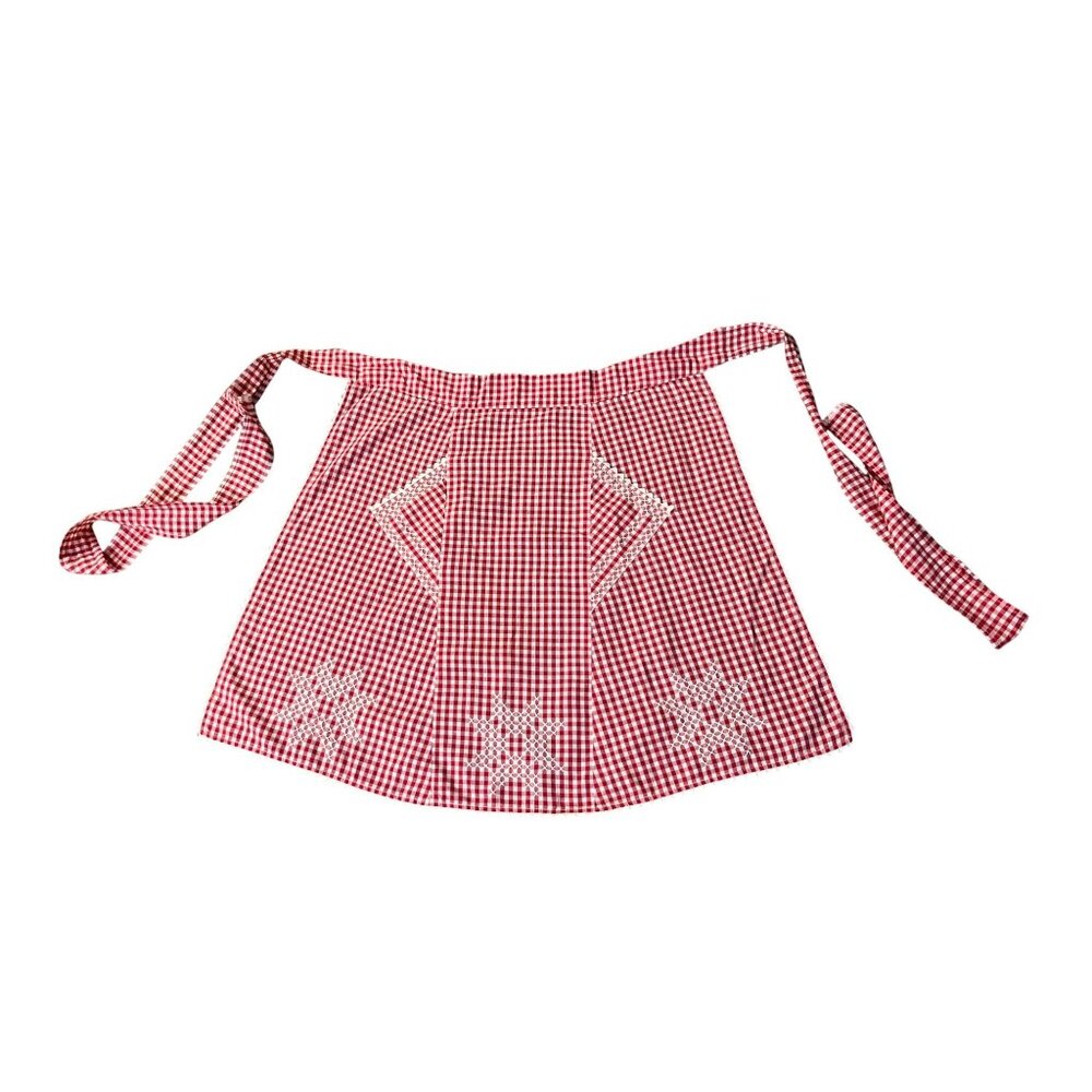 Vintage Red Gingham Half Apron Embroidered Pockets Farmhouse OSFM - Picture 2 of 9